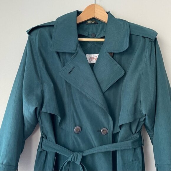 SOLD Vintage 80s 90s Oversized Lined Teal Trench Coat Size 9/10 Petite - Picture 4 of 13